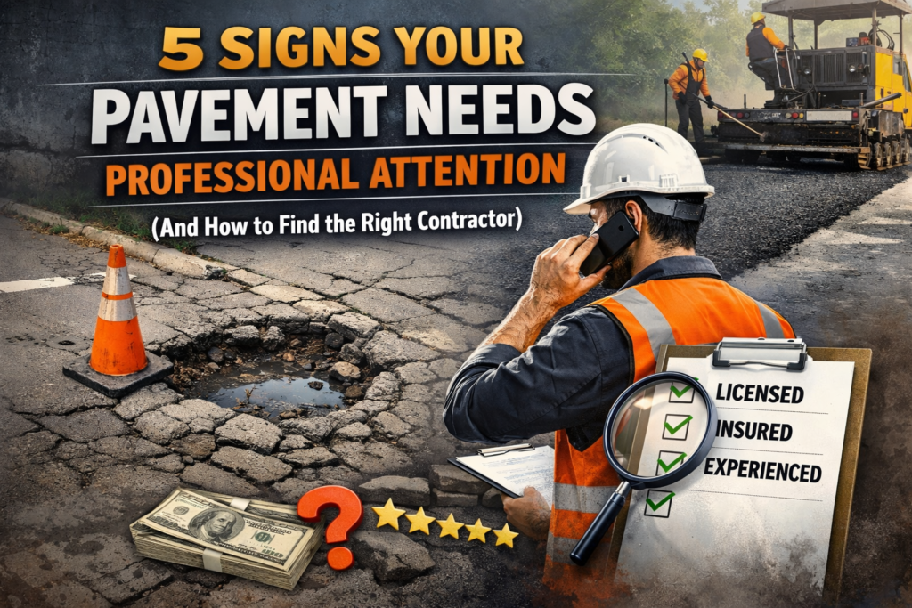 5 Signs Your Pavement Needs Professional Attention (And How to Find the Right Contractor) Most property owners don't think about their asphalt until something goes obviously wrong a tire-swallowing pothole, a driveway that looks like a topographic map, or a parking lot so faded that customers are making up their own lanes. By that point, what could have been a simple maintenance fix has often grown into a costly repair or full replacement. The truth is, asphalt sends clear distress signals long before it reaches a crisis point. Learning to read those signs and knowing when to call in a qualified professional can save you thousands of dollars and years of headache. This guide walks you through the five most common warning signs that your pavement needs attention, explains the services that address each one, and gives you a framework for finding a contractor you can actually trust. Sign #1: Surface Cracking and Alligator Patterns Small hairline cracks are a normal part of asphalt aging they develop as the binder oxidizes and the surface loses flexibility. But when those cracks start forming an interconnected web that resembles the skin of an alligator, that's a structural warning sign. Alligator cracking (also called fatigue cracking) indicates that the base layer beneath your asphalt is no longer providing adequate support. Water has likely infiltrated through surface cracks, softened the sub-base, and weakened the foundation from the bottom up. At this stage, simply sealing the surface won't fix the problem the compromised base material needs to be addressed first. What to do: A professional contractor will assess the extent of the damage and recommend either partial removal and base repair followed by repaving, or full-depth reclamation if the damage covers a large area. Catching alligator cracking early when it's still limited to small patches dramatically reduces the cost of repair. Sign #2: Potholes Potholes are the most visible and frustrating sign of pavement failure. They form when water seeps into cracks, expands during temperature changes, and erodes the material beneath the surface. Over time, vehicle traffic breaks through the weakened section, creating a hole that grows with every passing car. Beyond the aesthetic issue, potholes create real liability exposure for property owners. A customer who trips in your parking lot or damages their vehicle can hold you responsible. Municipal codes in many jurisdictions also require that commercial properties maintain safe, accessible pavement surfaces. What to do: Small, isolated potholes can often be addressed with patching. However, if potholes are appearing across multiple areas of your property, they're a symptom of broader pavement failure that patching alone won't solve. A professional inspection will determine whether targeted repairs or resurfacing is the more cost-effective path. Sign #3: Drainage Problems and Standing Water After rainfall, water should flow off your pavement toward designated drainage channels not pool in the middle of your driveway or parking lot. If you're noticing standing water that lingers long after the rain stops, your pavement has a drainage problem. Poor drainage accelerates asphalt deterioration faster than almost any other factor. Water that sits on the surface seeps into micro-cracks, softens the base, and in freeze-thaw climates, expands and contracts in ways that destroy pavement structure from within. In warmer climates like Southern California, pooled water still causes oxidation, base erosion, and the growth of weeds that further crack the surface. What to do: Drainage issues may stem from improper grading, heaving caused by tree roots, or base settling over time. An experienced contractor can regrade affected areas, install proper drainage channels, and ensure that new pavement is laid with the correct slope to direct water away from structures and toward appropriate outlets. Sign #4: Fading Color and Surface Oxidation Fresh asphalt has that deep, rich black color that gives it a clean, well-maintained appearance. As it ages and weathers, the surface begins to fade to gray. While this may seem purely cosmetic, fading is actually a functional warning sign it indicates that the binder holding the aggregate together is oxidizing and losing its flexibility and protective properties. Oxidized asphalt is brittle asphalt. It's more susceptible to cracking, less resistant to water infiltration, and more likely to develop the surface failures described in the sections above. Addressing fading early with sealcoating is one of the most cost-effective maintenance steps a property owner can take. What to do: Sealcoating applied every two to three years replenishes the surface, blocks UV rays and moisture, and restores that dark appearance that signals a well-maintained property. For commercial properties especially, the visual impact of freshly sealcoated pavement is immediate and significant. Sign #5: Faded or Missing Pavement Markings For commercial and multi-unit residential properties, parking lot markings aren't optional they're a safety and compliance requirement. Faded lines create confusion, increase the risk of vehicle collisions in your lot, and can create ADA compliance issues if accessible parking spaces are no longer clearly marked. Striping fades naturally over time due to UV exposure and vehicle traffic. In busy commercial lots, restriping is often needed every one to two years. The good news is that it's a fast, affordable service that delivers an immediate improvement in both appearance and safety. What to do: Have a contractor assess your current markings and provide a restriping plan that includes ADA-compliant accessible spaces, directional arrows, fire lane markings, and loading zone designations as applicable. Quality striping uses traffic-grade paint that resists fading and handles heavy use. How to Choose a Contractor You Can Actually Trust Recognizing pavement problems is only half the equation. The other half is finding a contractor who will address those problems correctly, honestly, and at a fair price. Here's what to prioritize when making your decision. Prioritize Local Experience A contractor who has spent years working in your specific area brings knowledge that national chains simply can't replicate. Local climate conditions, soil types, drainage patterns, and even the specific behavior of asphalt in your region all influence how pavement should be installed and maintained. A contractor with deep local roots understands these nuances from firsthand experience. Insist on a Written Estimate Any reputable contractor will provide a detailed written estimate before work begins. That estimate should break down materials, labor, scope of work, and timeline. Verbal quotes, vague pricing, or pressure to sign quickly before seeing a written document are warning signs worth taking seriously. Look for Full-Service Capabilities Projects rarely stay simple once they start. Having access to a contractor who handles paving, sealcoating, crack sealing, milling, striping, and demolition under one roof saves you the coordination headache of managing multiple vendors. It also ensures consistent accountability if something isn't right, there's a single point of contact responsible for making it right. Check Their Track Record Online reviews, before-and-after photos, and client references all give you insight into how a contractor performs in the real world. Look for consistent patterns in feedback not just overall rating, but comments about communication, timeline adherence, post-job follow-through, and how the team handled unexpected challenges. A Contractor Worth Knowing in the Riverside Area If your property is in Riverside, CA or the surrounding Inland Empire communities, one name worth knowing is Husky Asphalt Paving. As a family-owned business with roughly 30 years of local experience, they've built a strong reputation across both residential and commercial markets in the region. Their team offers a genuinely full-service range from driveway and commercial paving to sealcoating, crack sealing, milling, parking lot striping, speed bump installation, and demolition. If you're looking for a qualified Asphalt Contractor Riverside property owners and businesses have trusted, Husky Asphalt Paving checks every box: local knowledge, transparent pricing, verifiable reviews, and a family business culture that means they stand behind every job. They serve Riverside and surrounding areas including Corona, Moreno Valley, Norco, Jurupa Valley, and Perris. Free estimates are available for all project types residential, commercial, and everything in between. The Bottom Line Asphalt doesn't fail overnight. It sends signals cracks, fading, drainage issues, potholes, worn markings and each one is an invitation to act before a minor problem becomes a major expense. The property owners and managers who stay ahead of maintenance spend less money, deal with fewer disruptions, and maintain surfaces that look professional and perform reliably for decades. When you see those warning signs, don't delay. Find a qualified local contractor, get a written estimate, and schedule the work. Your pavement and your budget will thank you for it. This article is intended for general informational purposes regarding property and pavement maintenance.